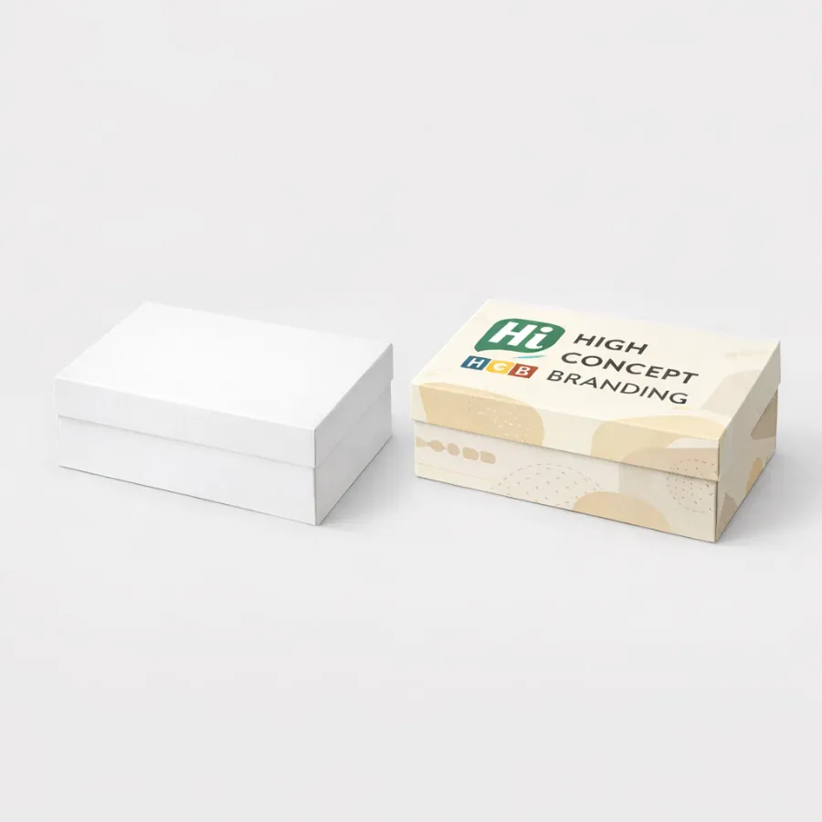 Two rectangular cardboard boxes with lids- showcasing plain white and custom printed branding designs- class=